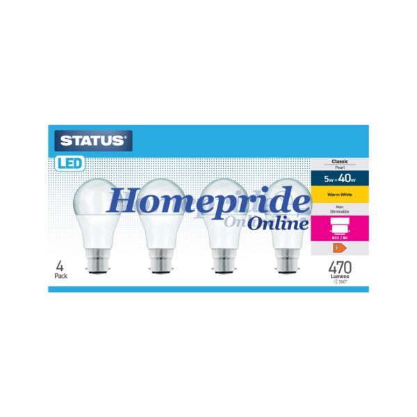 Homepride Online-A60 GLS 5W LED Pearl Bayonet Cap W/White Four Pack