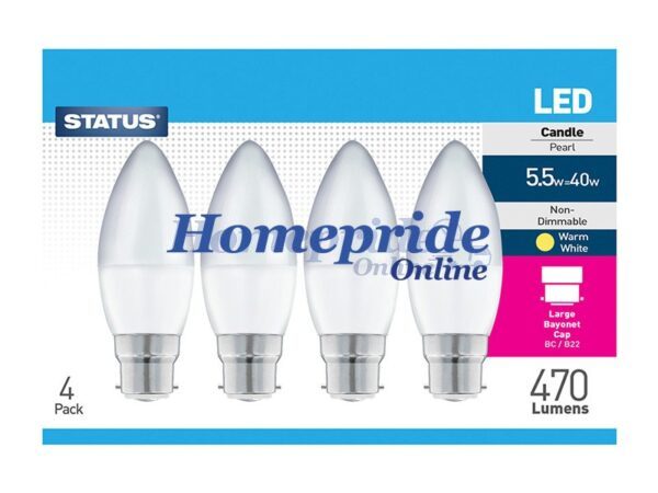 Homepride Online-Candle LED 5W 470 Lumen Pearl Bayonet Cap Warm White x 4