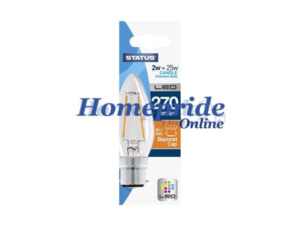 Homepride Online-Candle Filament LED 2W 270 Lumen Clear Bayonet Cap Warm White