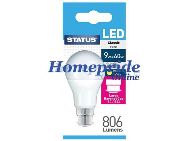Homepride Online-A60 GLS LED 9W 806 Lumen Bayonet Cap Pearl Warm White