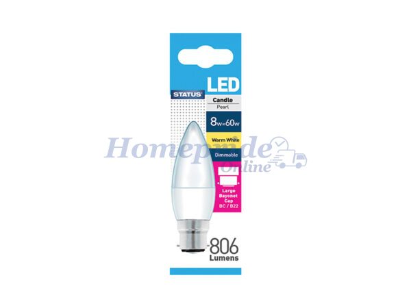 Homepride Online-Dimmable LED Candle 8W 806Lumen Bayonet Cap Pearl Warm White