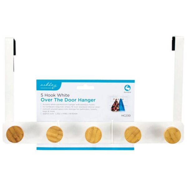 Homepride Online-ASHLEY 5 HOOK WHITE OVER THE DOOR HANGER HC230 L332 X H198 X W30mm